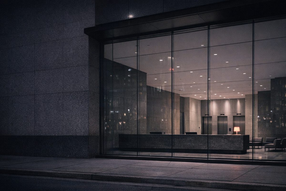 The glass lobby of an office tower at night, lit and empty, seen from the street