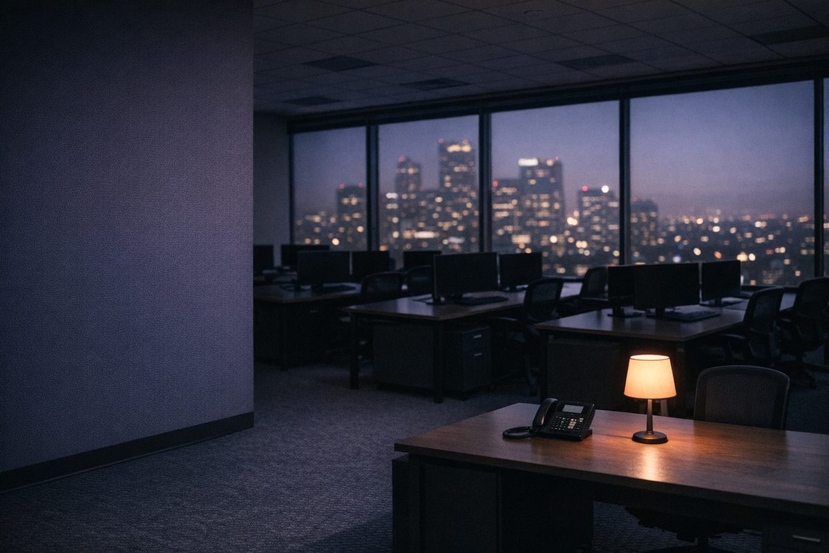 An open-plan office after hours, the desks empty and the lights still on